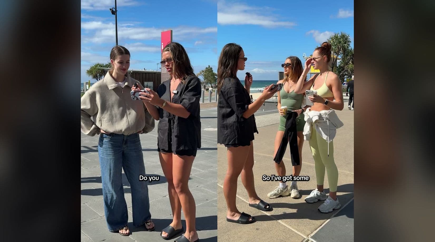 Undies vs Togs street interviews on the beachfront: a host shows people a photo on her phone and asks if it's undies or togs