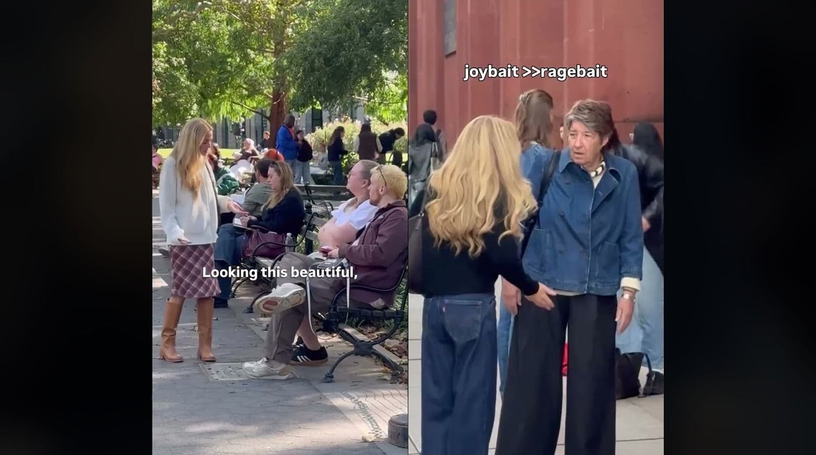 Two joy-baiting clips in New York: a woman compliments a couple on a park bench, and another compliments an older woman on the street