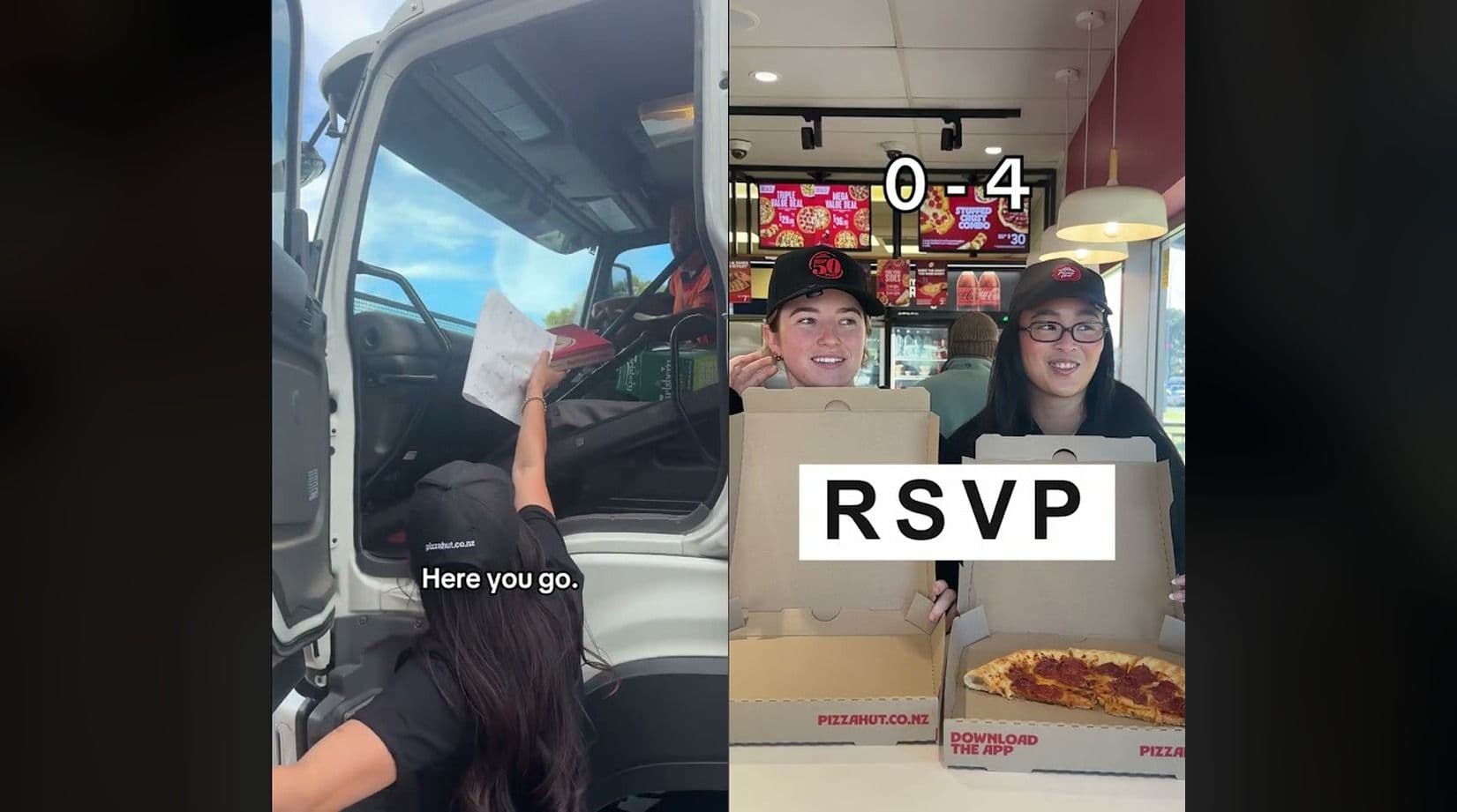 Two Pizza Hut videos: a free pizza handed up to a truck driver for Honk for Pizza, and two staff playing a guessing game in store